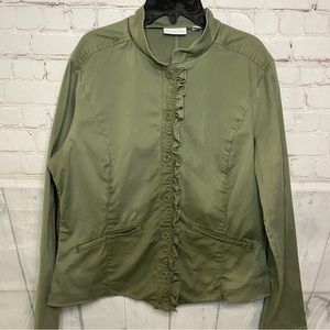 Women's New York & Co Green Khaki Jacket Button Up Ruffle Pockets Size L